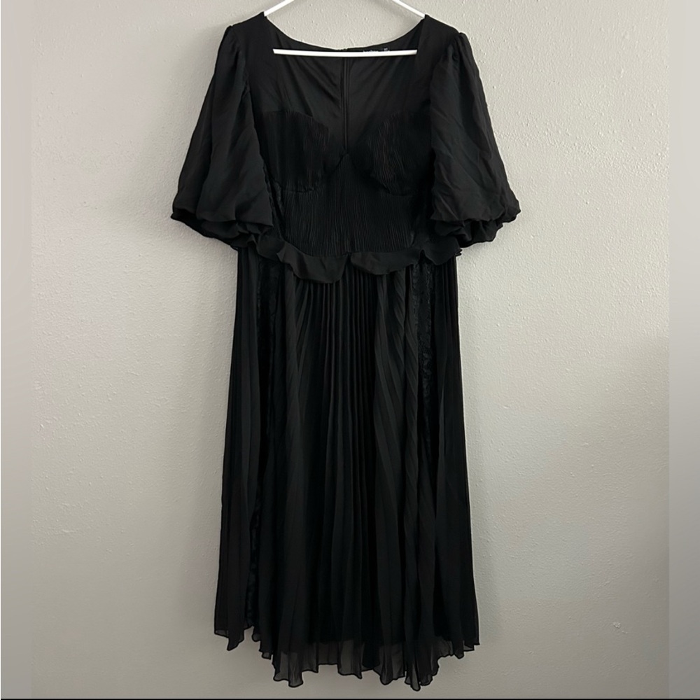 Boohoo Black Pleated Lace Puff Sleeve Midi Dress Size 12 Goth Whimsigoth Witchy